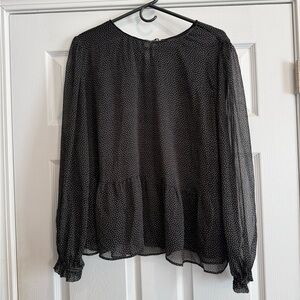 LOFT Black Sheer Blouse with Dotted Pattern peplum XL top shirt long sleeved